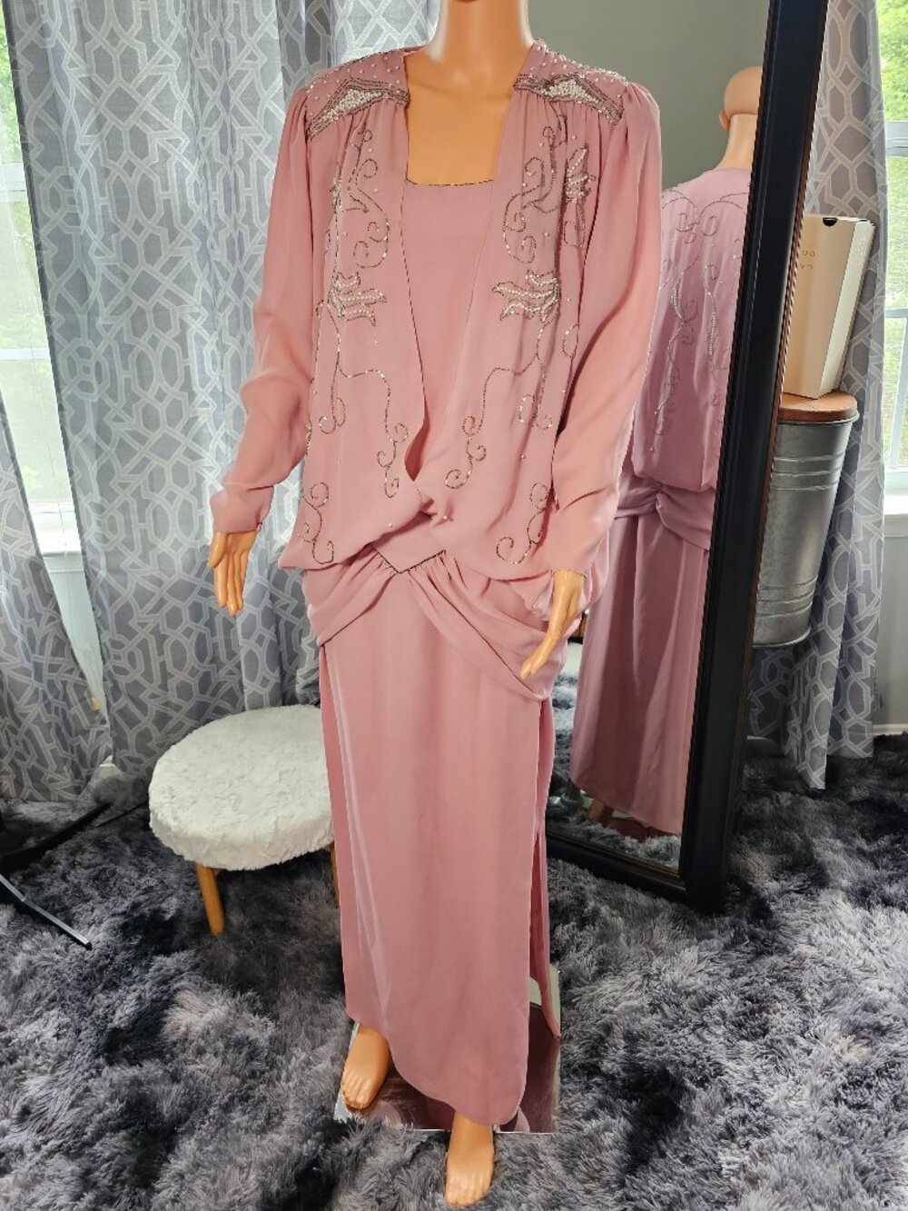 ILGWU Mauve Chiffon Beaded Formal Gown & Jacket Set, Vintage 70s/80s